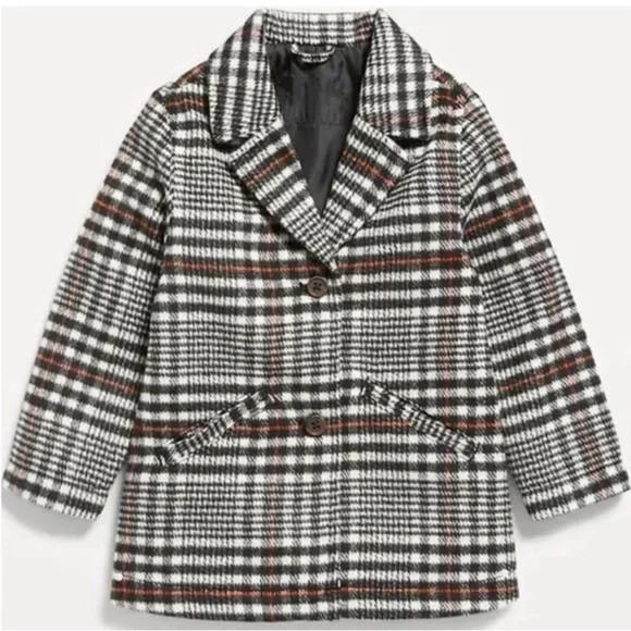 Old Navy Plaid Pea Coat Girls Black White Red Size 5T NWOT - Picture 1 of 8